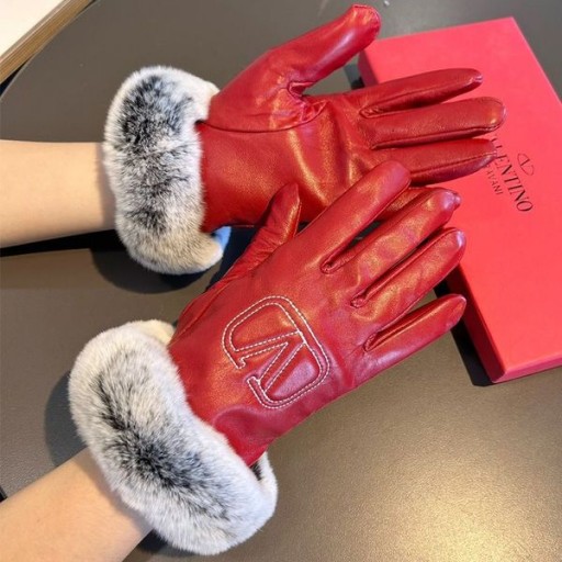 Valentino Vlogo Reliëf Handschoenen Vrouwen Schapenvacht Met Konijn Bont Rood