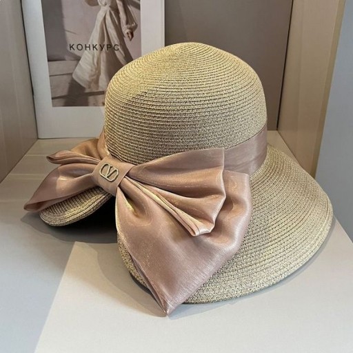 Valentino VLogo Handtekening Stro Hoed Met Organza Strik Vrouwen Abrikoos