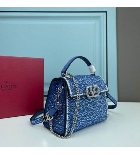 Valentino Mini Vsling Käsilaukku Kuohuviini Kiteitä ja Helmi Kirjonta Calfskin Tummansininen