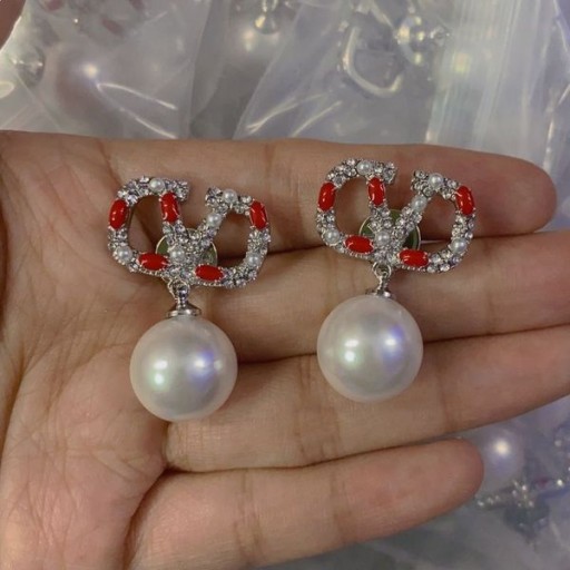 Valentino VLogo Signature Pendentif Boucles D'Oreilles En Métal Avec Des Perles Et Des Cristaux D'Émail Et Argent