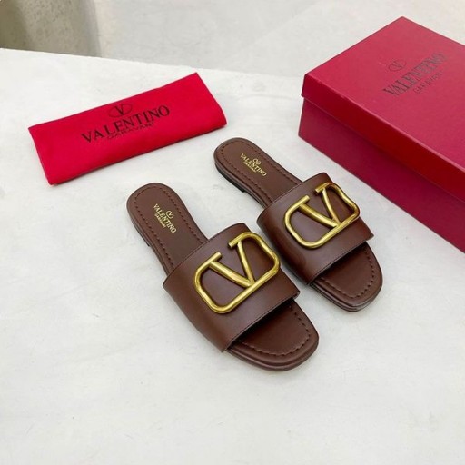 Valentino VLogo Signature Diapositives Femmes De Cuir De Veau Café