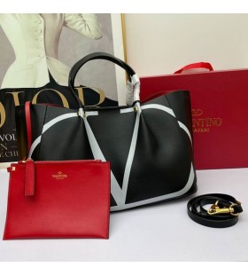 Valentino Grand VLogo Échapper Fourre-Tout En Cuir De Veau Noir/Blanc