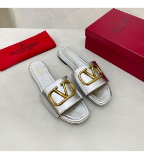 Valentino VLogo Signature Diapositives Femmes De Cuir De Veau Argenté