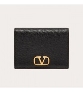 Valentino Petit Compact VLogo Signature Porte-Monnaie En Cuir De Veau De Grain Noir