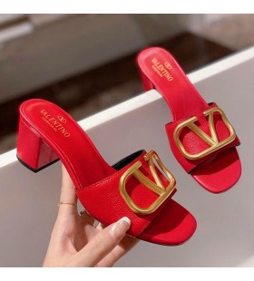 Valentino VLogo Signature D'Épaisseur À Talons Diapositives Femmes De Grain De Cuir De Veau Rouge