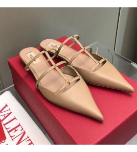 Valentino Rockstud Vaporeux Mules Femme En Cuir De Veau Marron