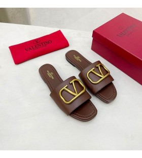 Valentino VLogo Signature Diapositives Femmes De Cuir De Veau Café