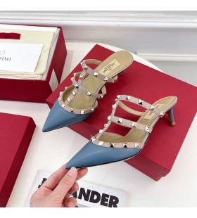 Valentino Rockstud Talons Mules Avec Des Sangles Femmes En Cuir Verni Bleu Marine