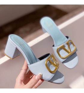 Valentino, VLogo Signatur Thick-Heeled Slides Frauen Körnig Kalbsleder Sky Blue