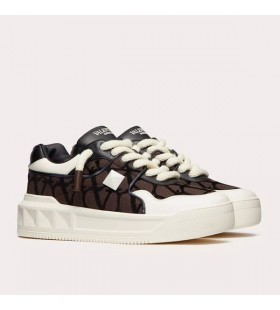 Valentino Einem Stud XL, Low-Top Turnschuhe Unisex-Nappa-Leder Mit Toile Iconographe Kaffee Stoff