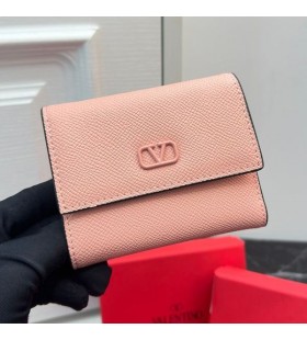 Valentino Kleine VLogo Unterschrift Dreiteilige Geldbörse Körnig Kalbsleder Rosa