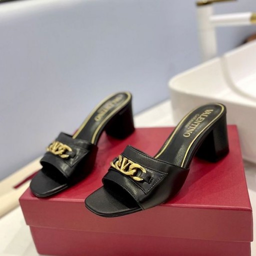 Valentino VLogo Αλυσίδα Παχιά Τακούνια Διαφάνειες Γυναίκες Μαύρο Δέρμα Μοσχαριού