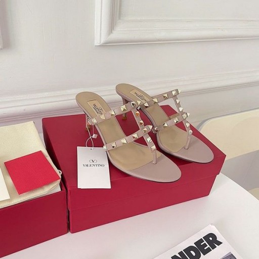 Valentino Rockstud Flip-Flop Με Ψηλοτάκουνα, Διαφάνειες Γυναικών Ροζ Δέρμα Μοσχαριού